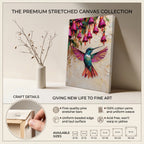 Hummingbird Canvas Wall Art Colorful Painting with Pink Flowers