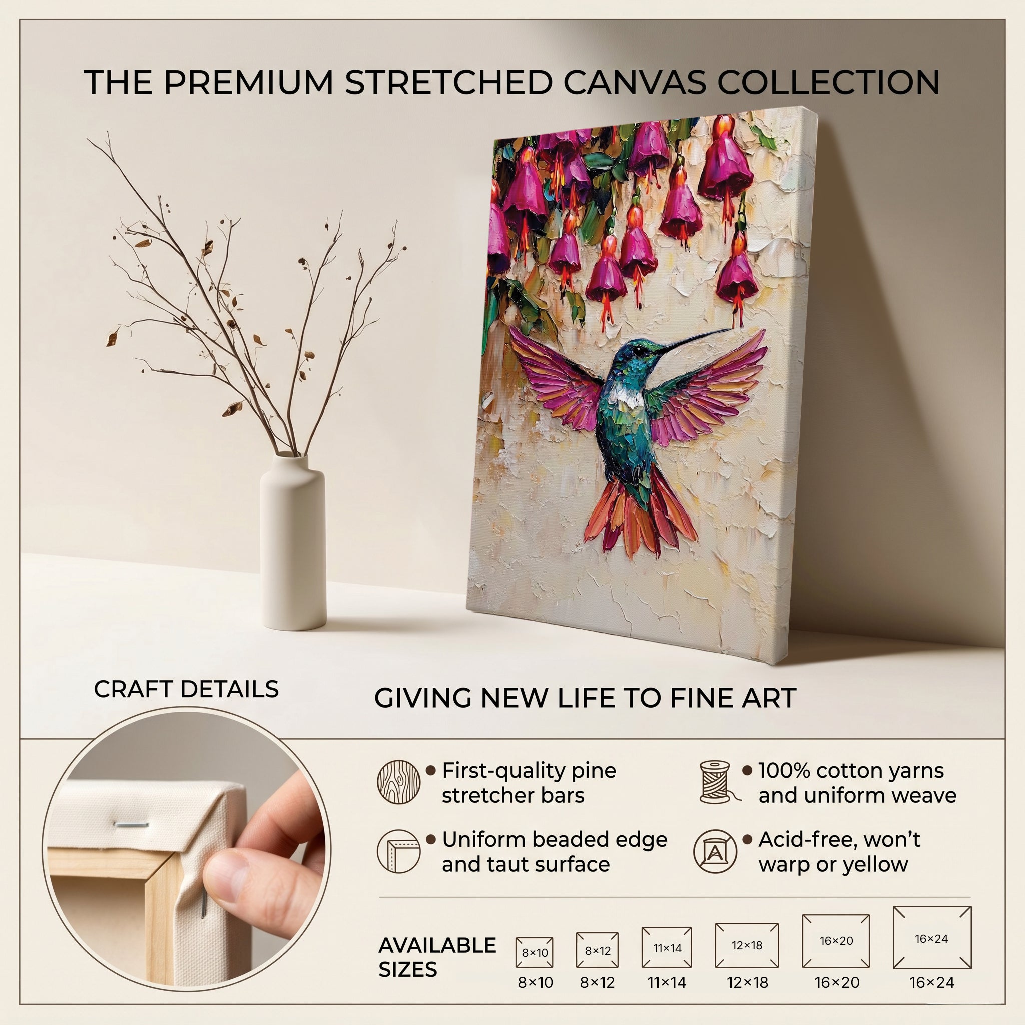 Hummingbird Canvas Wall Art Colorful Painting with Pink Flowers