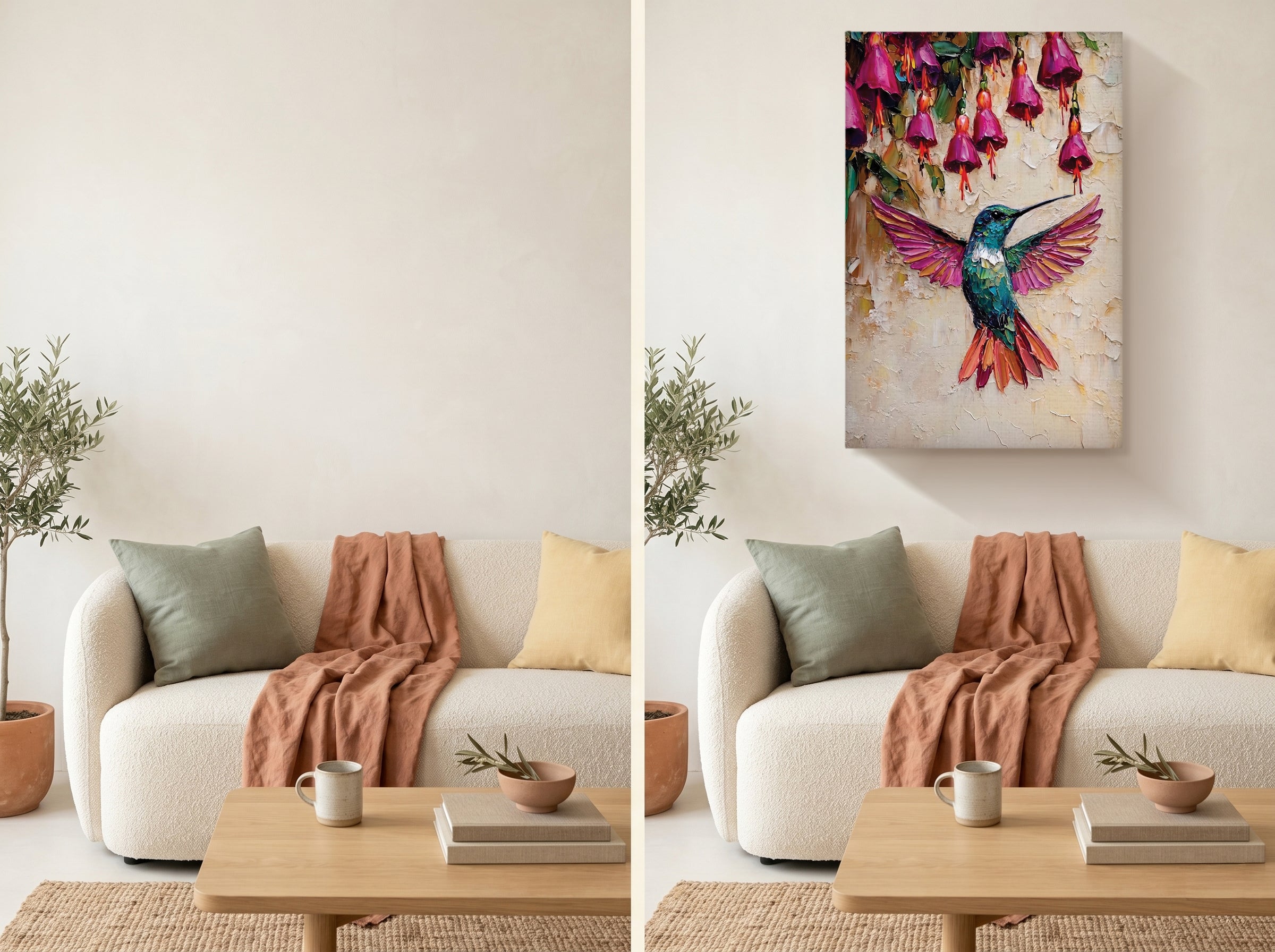 Hummingbird Canvas Wall Art Colorful Painting with Pink Flowers