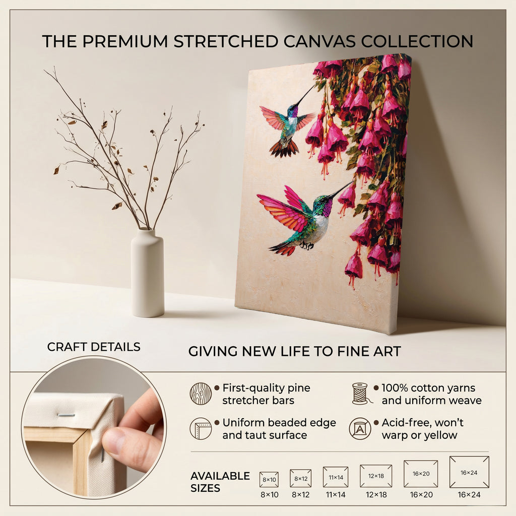 Canvas Wall Art Colorful Hummingbird Painting with Pink Flowers