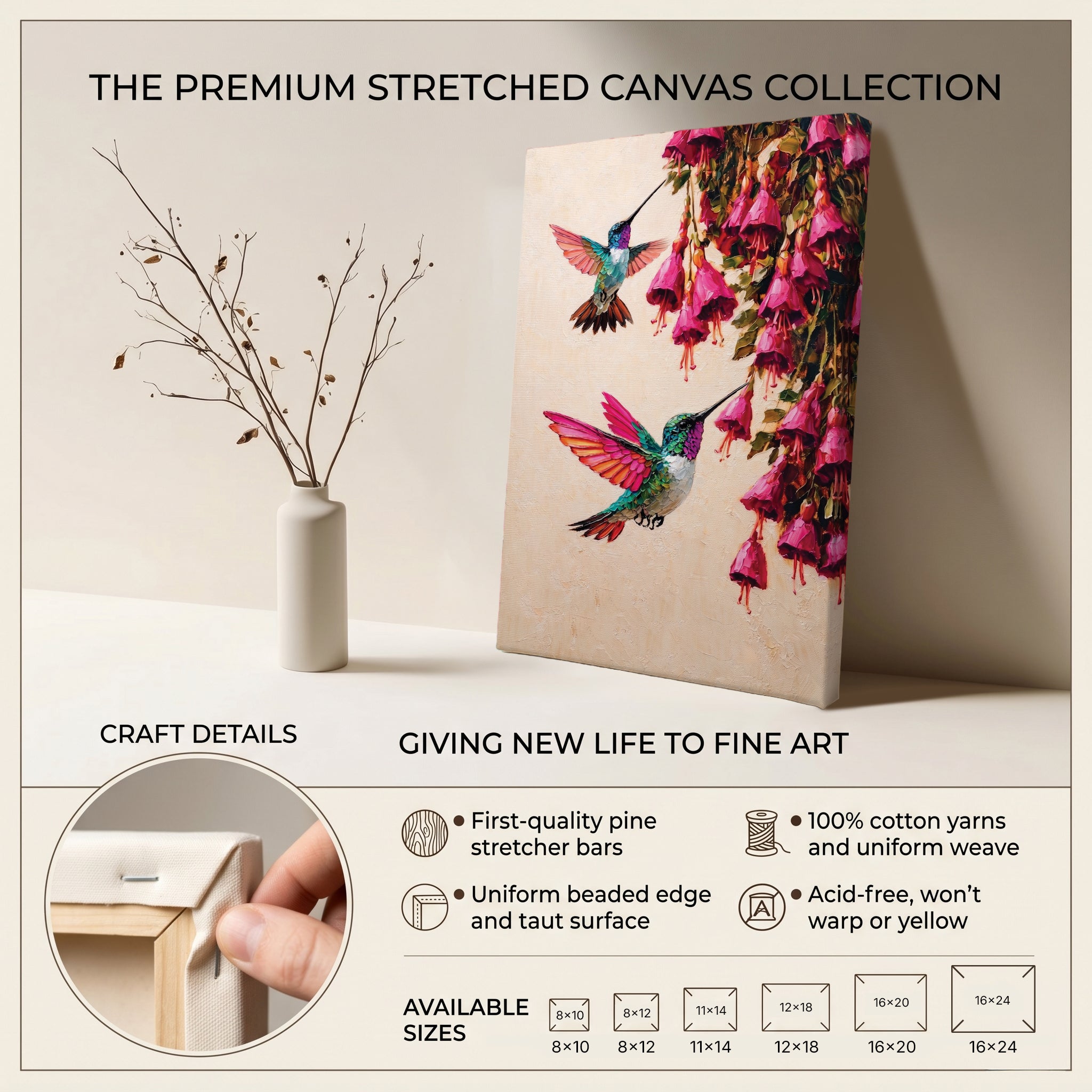 Canvas Wall Art Colorful Hummingbird Painting with Pink Flowers