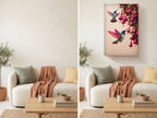 Canvas Wall Art Colorful Hummingbird Painting with Pink Flowers