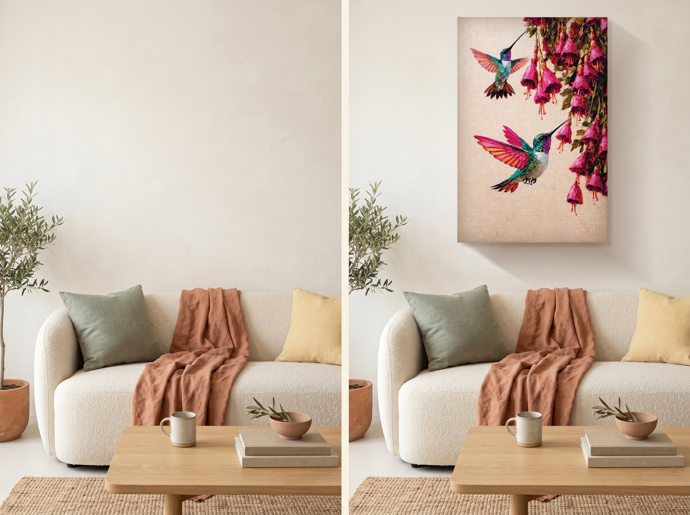Canvas Wall Art Colorful Hummingbird Painting with Pink Flowers