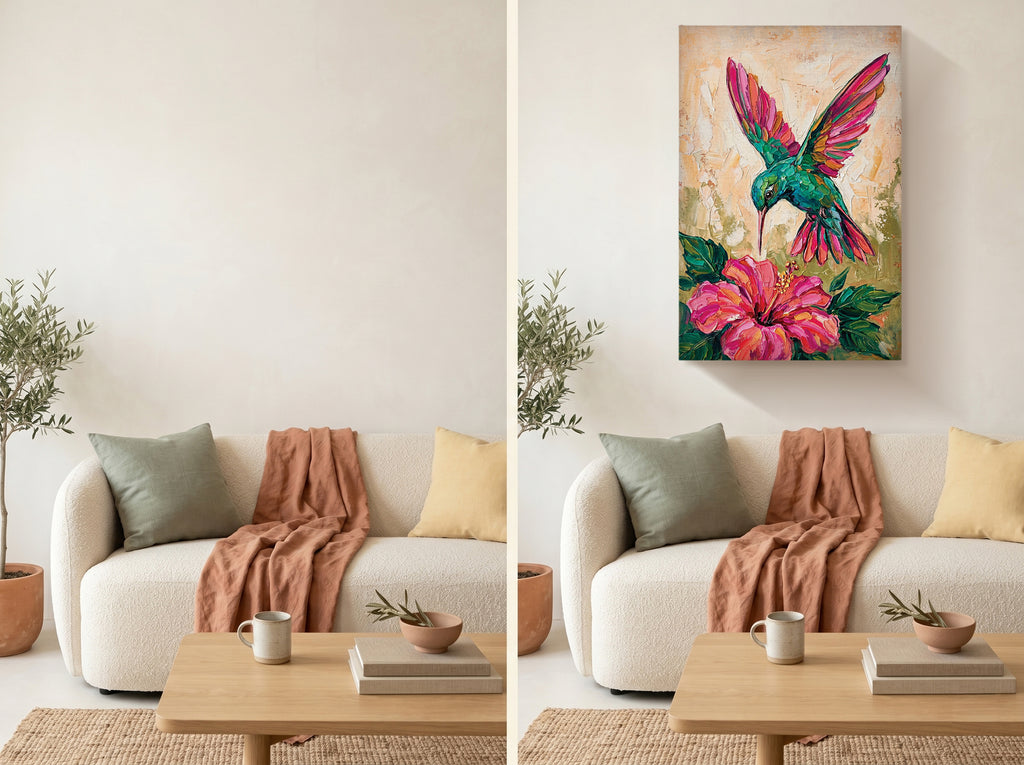 Hummingbird Canvas Wall Art Colorful Painting with Flower, Botanical Bird Prints for Living Room Bedroom Office