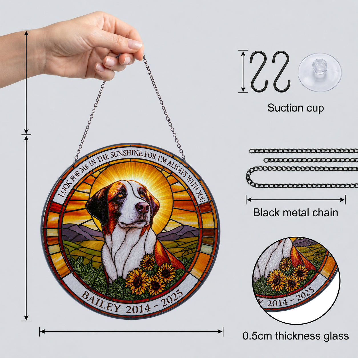 Dog memorial suncatcher details suction cup black metal chain and 0.5 cm glass