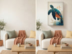 Sea Turtle Canvas Wall Art with Coral Reef and Gold Line Design