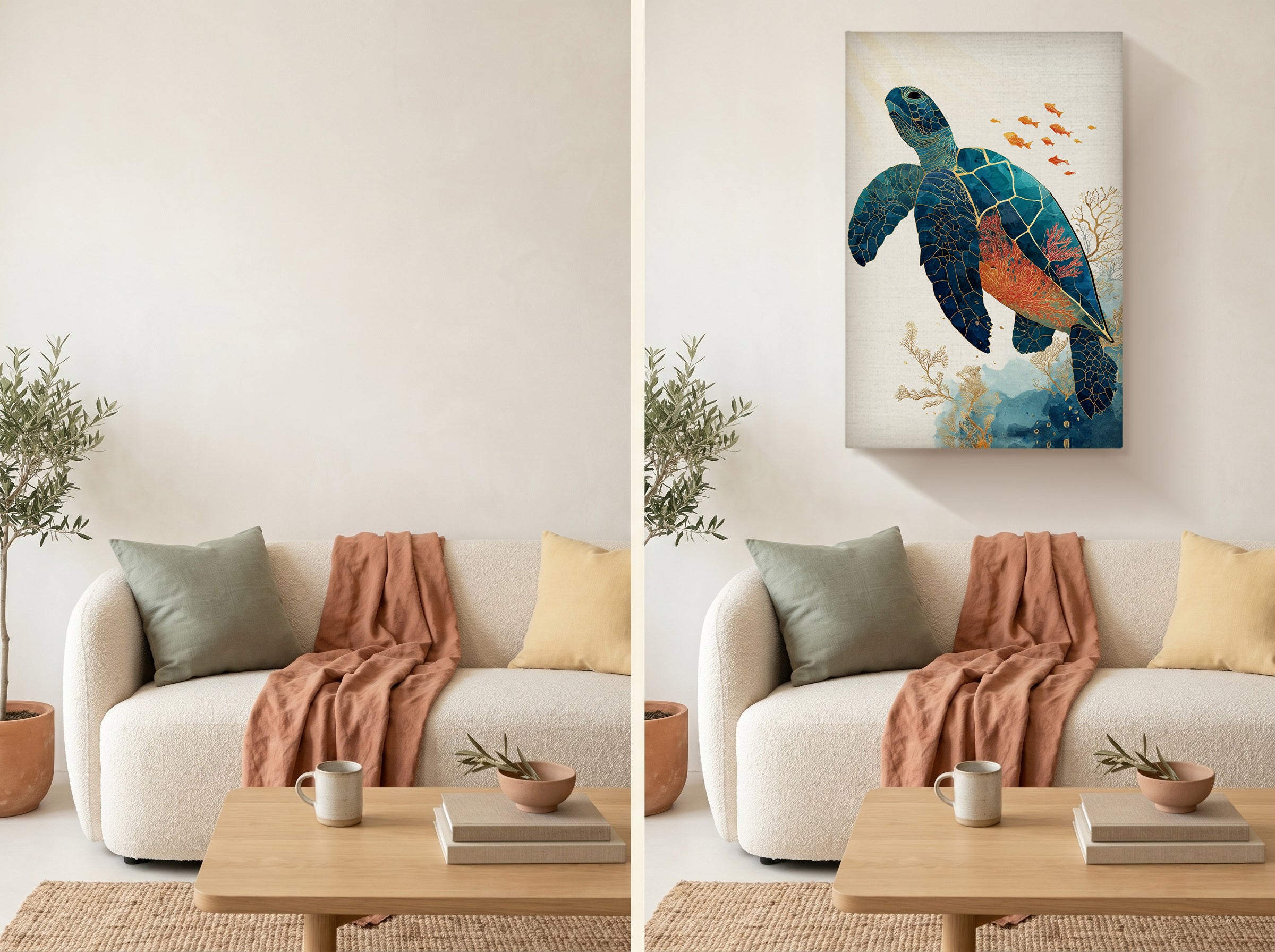 Sea Turtle Canvas Wall Art with Coral Reef and Gold Line Design