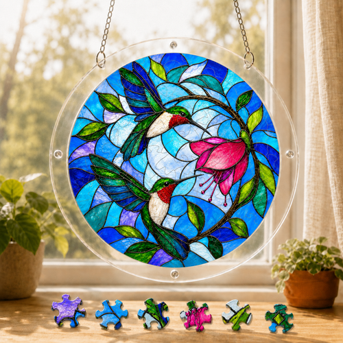 Round hummingbird and pink flower acrylic puzzle suncatcher hanging in a sunny window with colorful puzzle pieces below