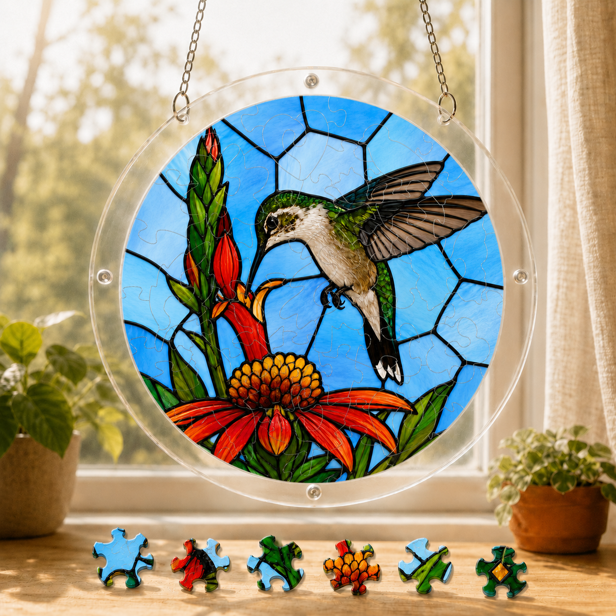 Round hummingbird tropical flower acrylic puzzle suncatcher hanging in a sunny window with colorful puzzle pieces below