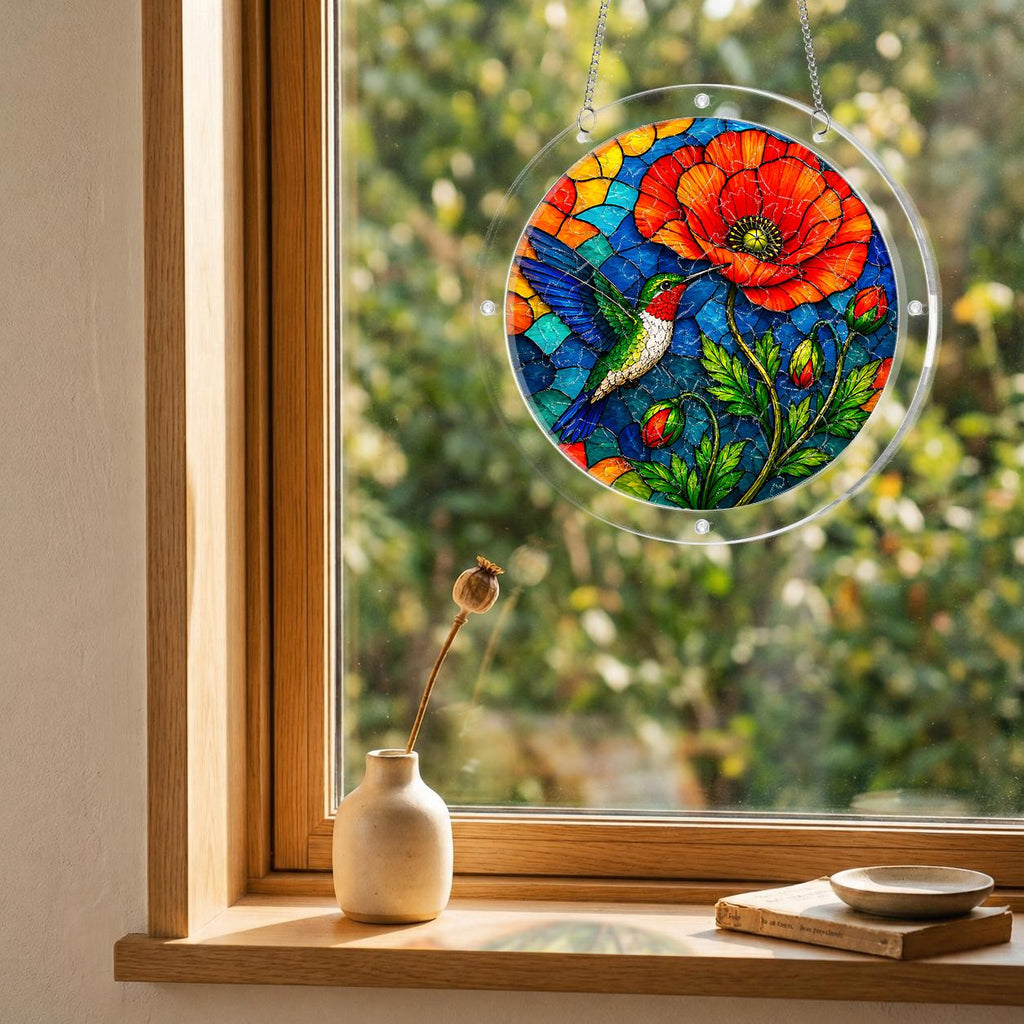 Round hummingbird poppy floral suncatcher hanging in a cozy window with soft sunlight and indoor plants