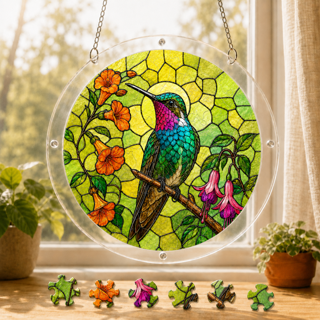 Round hummingbird floral acrylic puzzle suncatcher hanging in a sunny window with colorful puzzle pieces below