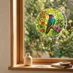 Round hummingbird flower puzzle suncatcher hanging in a cozy indoor window with soft natural light