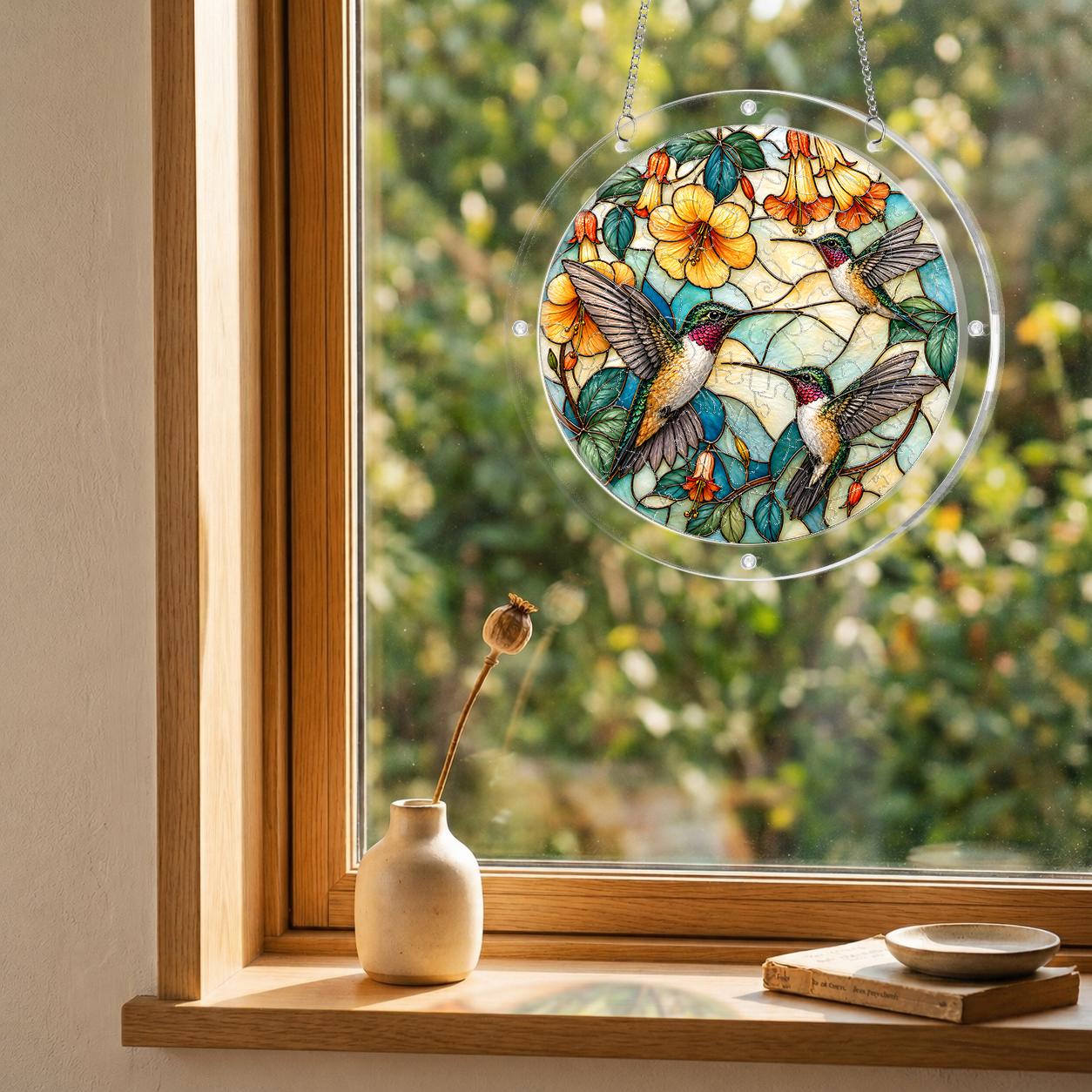 Round hummingbird floral puzzle suncatcher hanging in a cozy indoor window with soft daylight