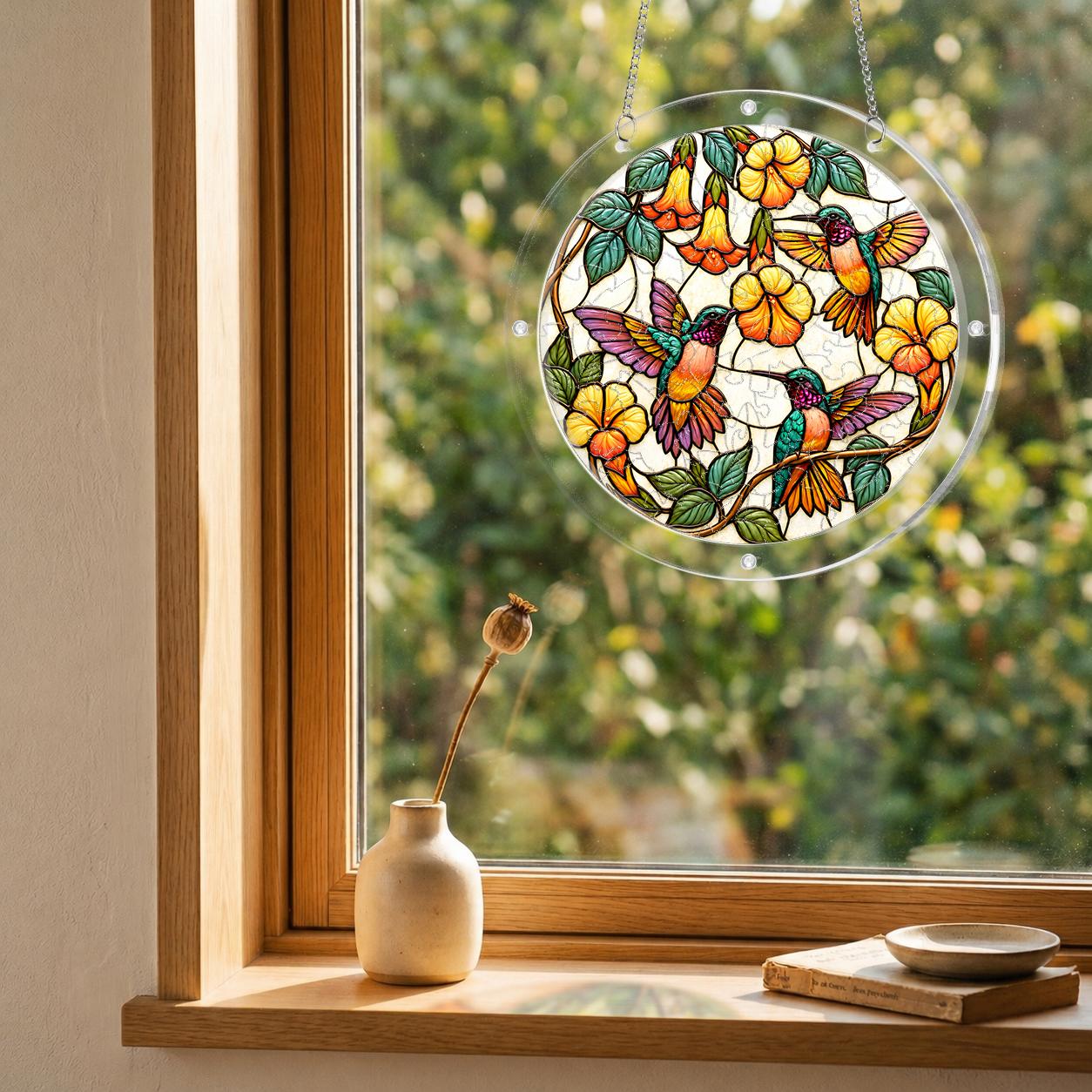 Round hummingbird yellow flower puzzle suncatcher hanging in a cozy indoor window with soft natural light