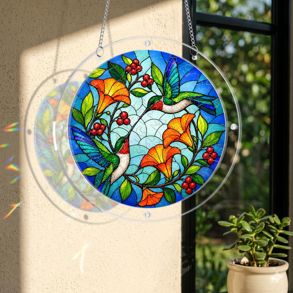 Round acrylic hummingbird puzzle suncatcher hanging on a window with colorful floral stained glass style artwork
