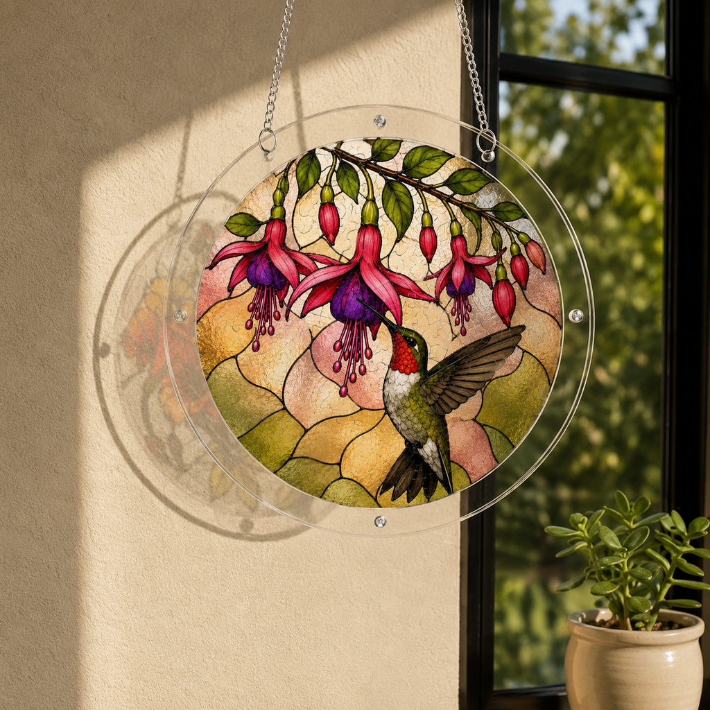 Hummingbird fuchsia flower acrylic puzzle suncatcher hanging on an indoor window with plants and natural sunlight