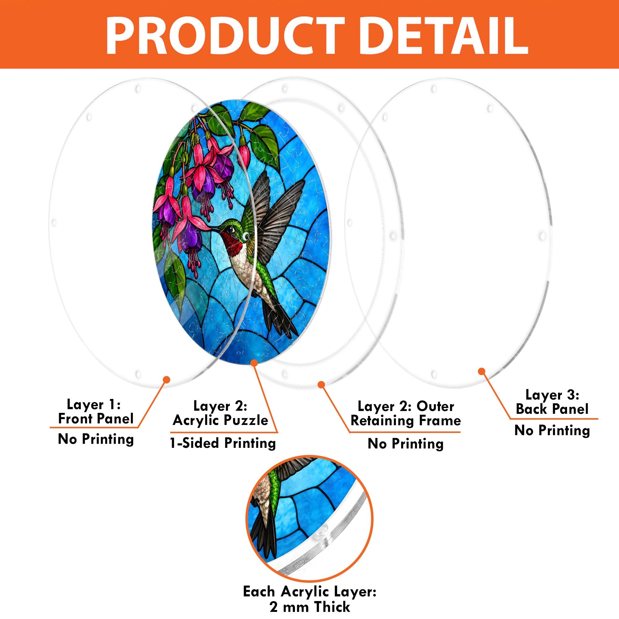 Product detail image showing the layered acrylic hummingbird fuchsia puzzle suncatcher and hanging components