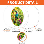 Layered acrylic construction guide for a round hummingbird floral puzzle suncatcher with hanging components
