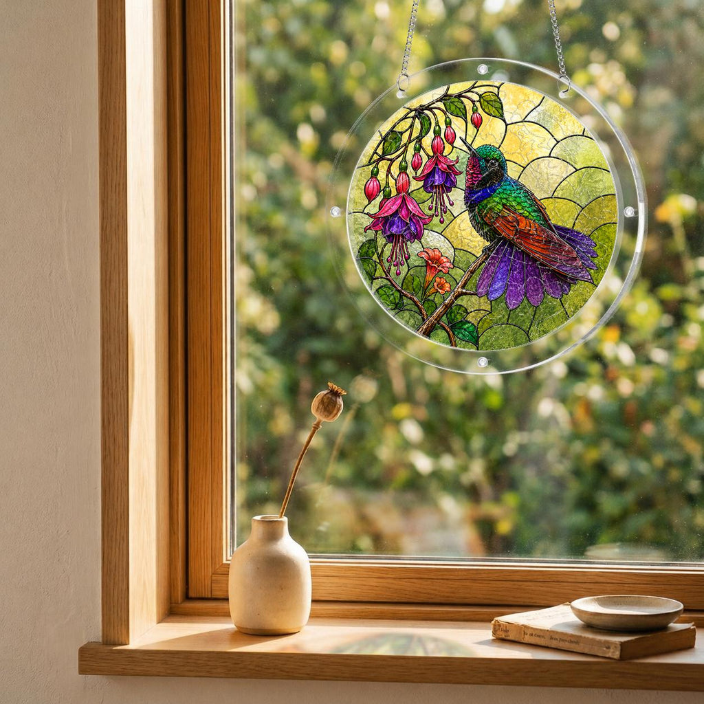 Round hummingbird and pink fuchsia puzzle suncatcher hanging in a cozy indoor window with soft sunlight