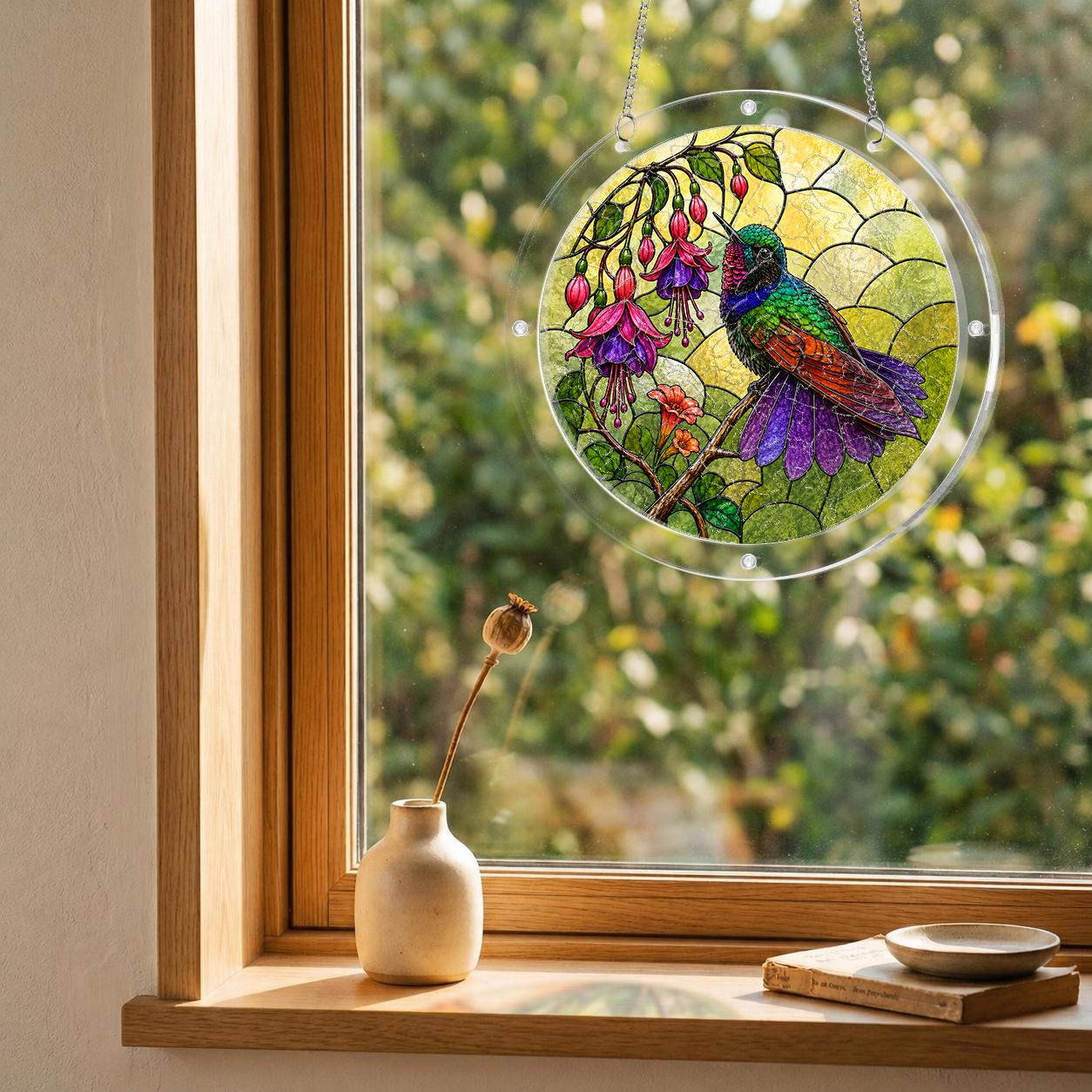Round hummingbird and pink fuchsia puzzle suncatcher hanging in a cozy indoor window with soft sunlight