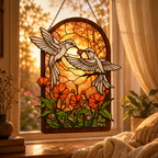 Hummingbird poppy garden suncatcher displayed in a warm cozy corner by the window with soft golden light and home decor accents.