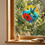 Round hummingbird and red poppy puzzle suncatcher hanging in a cozy indoor window with warm sunlight