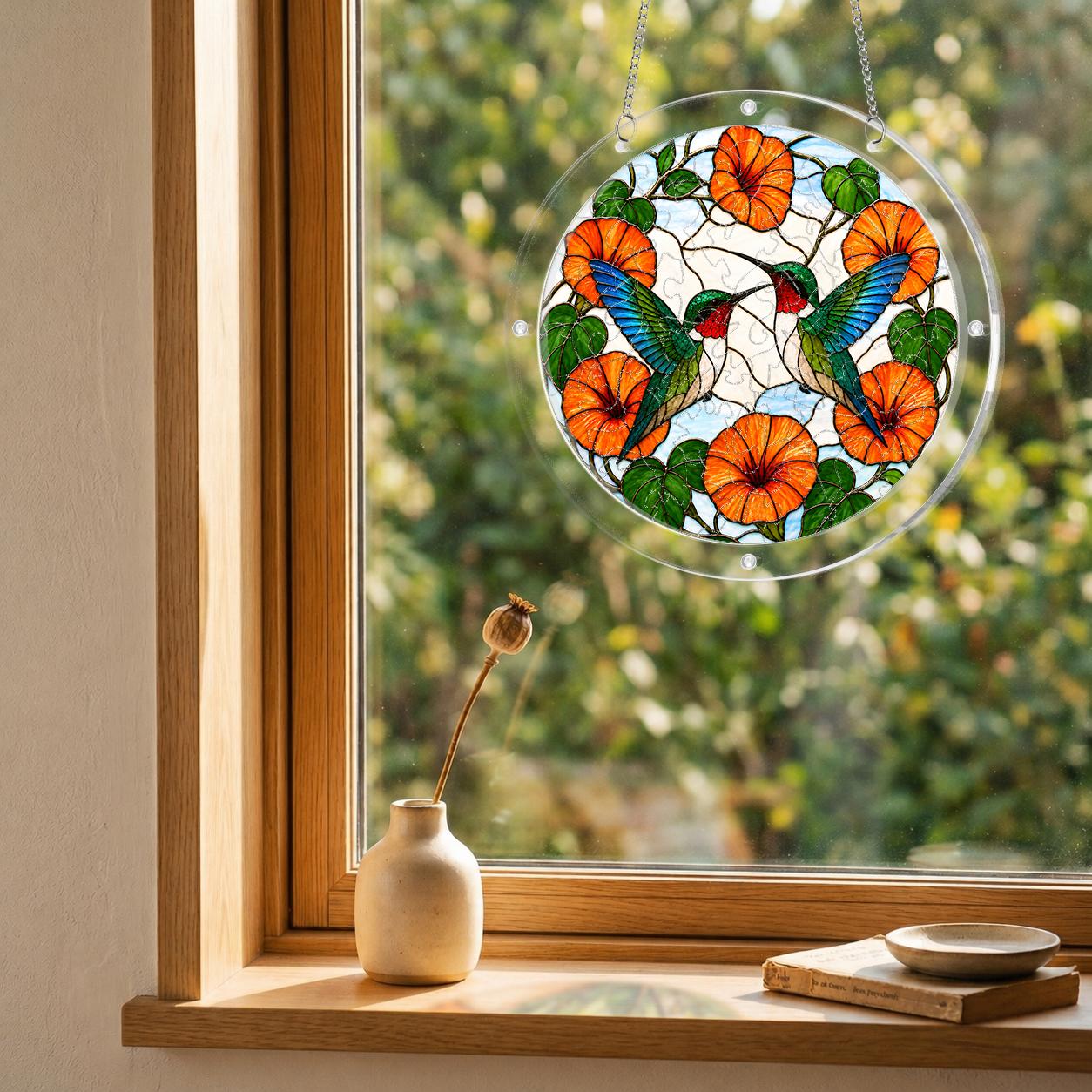 Round crane and orange flower puzzle suncatcher hanging in a cozy indoor window during soft evening light