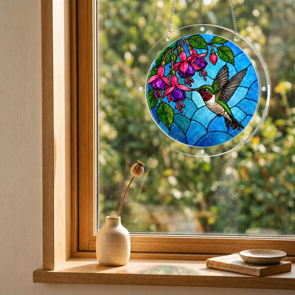 Round hummingbird and fuchsia puzzle suncatcher hanging in a cozy indoor window with soft daylight