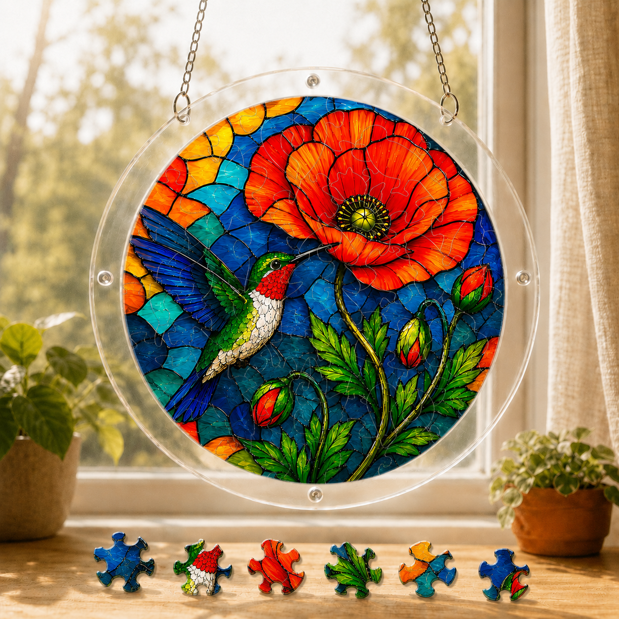 Round hummingbird poppy flower acrylic puzzle suncatcher hanging in a sunny window with colorful puzzle pieces below