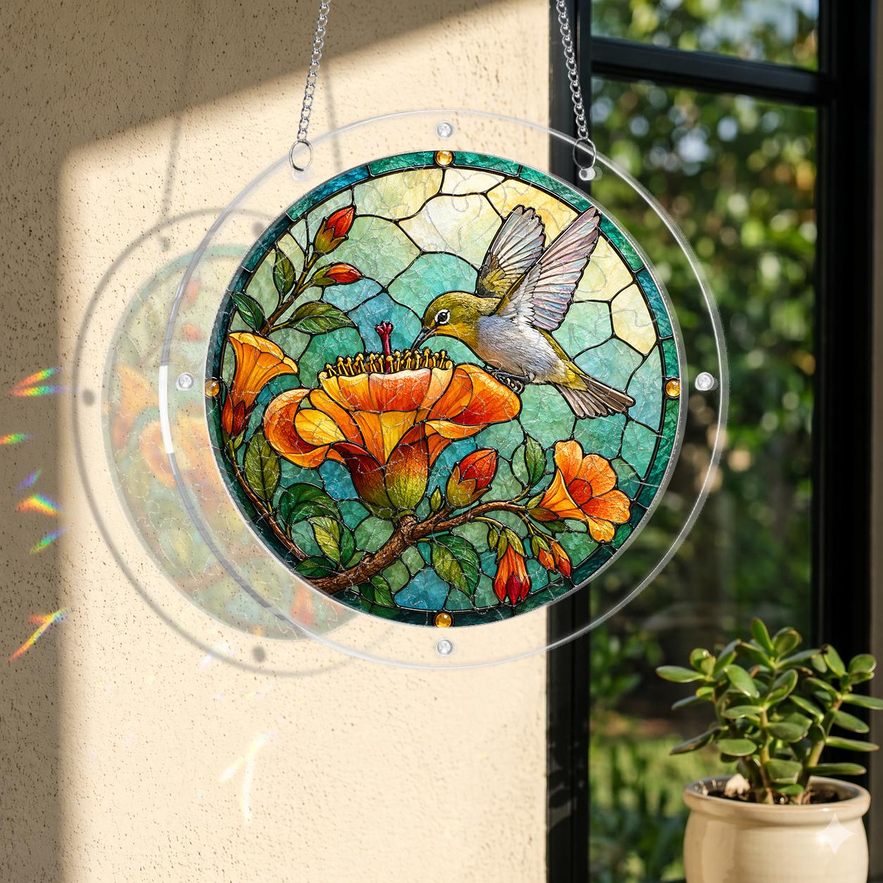 Round stained-glass-style hummingbird and orange poppy puzzle suncatcher hanging in natural window light