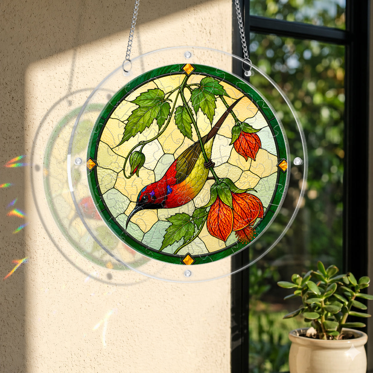 Round stained-glass-style red songbird and falling leaf puzzle suncatcher hanging in natural window light
