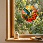 Round hummingbird and orange flower puzzle suncatcher hanging in a cozy indoor window with soft sunlight