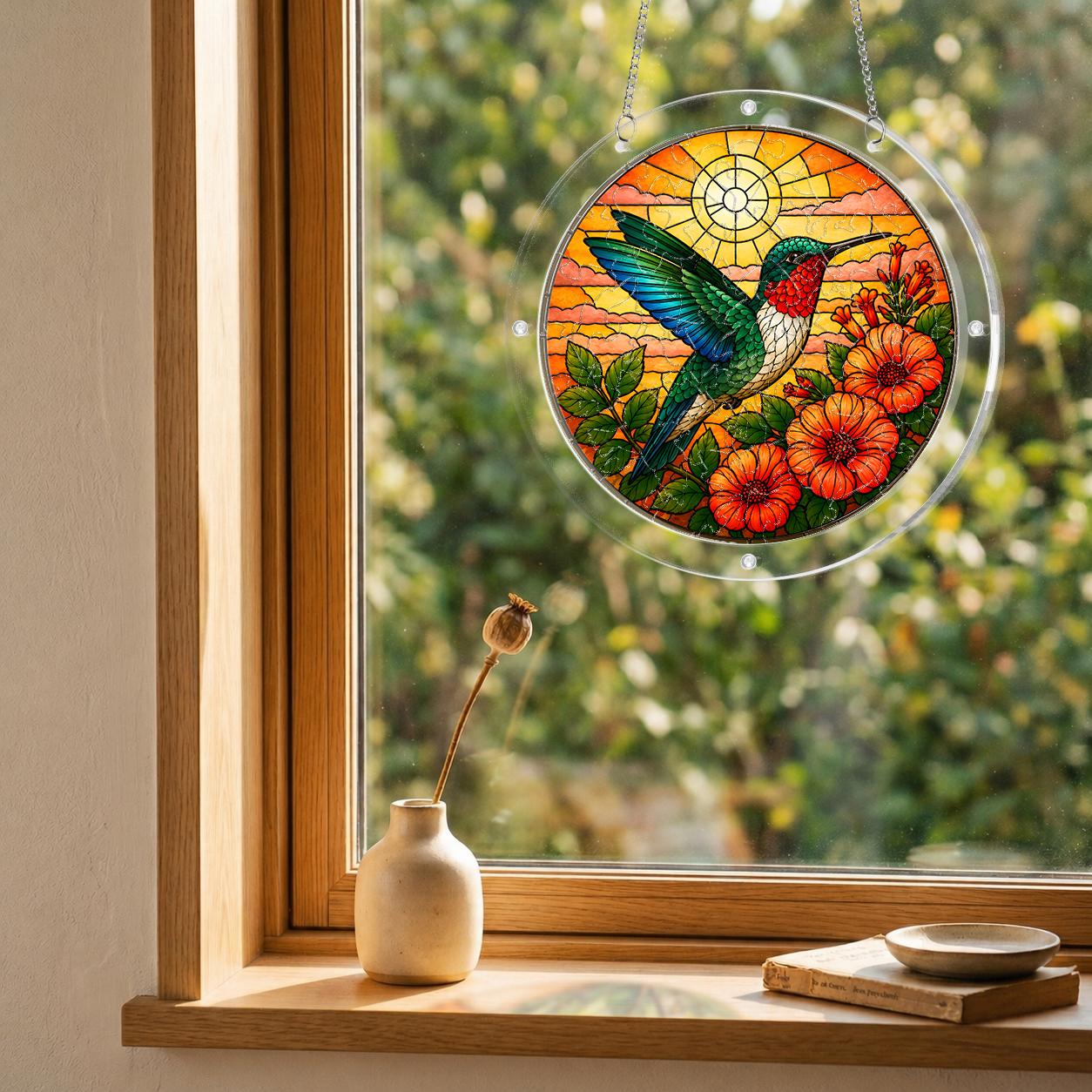 Round hummingbird and orange flower puzzle suncatcher hanging in a cozy indoor window with soft sunlight