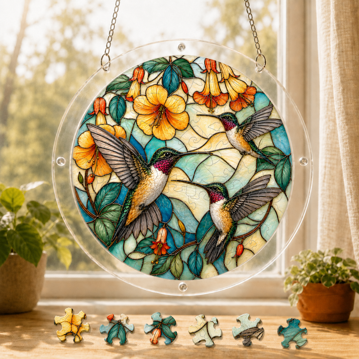 Round hummingbird yellow flower acrylic puzzle suncatcher hanging in a sunny window with colorful puzzle pieces below
