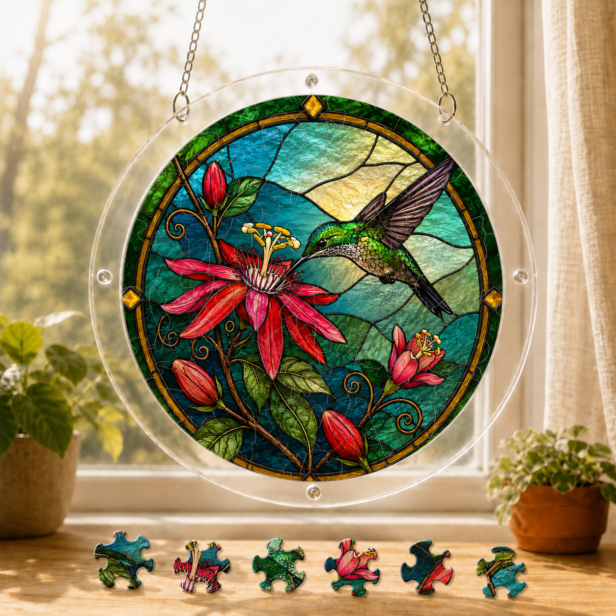 Round hummingbird and red flower acrylic puzzle suncatcher hanging in a sunny window with colorful puzzle pieces below