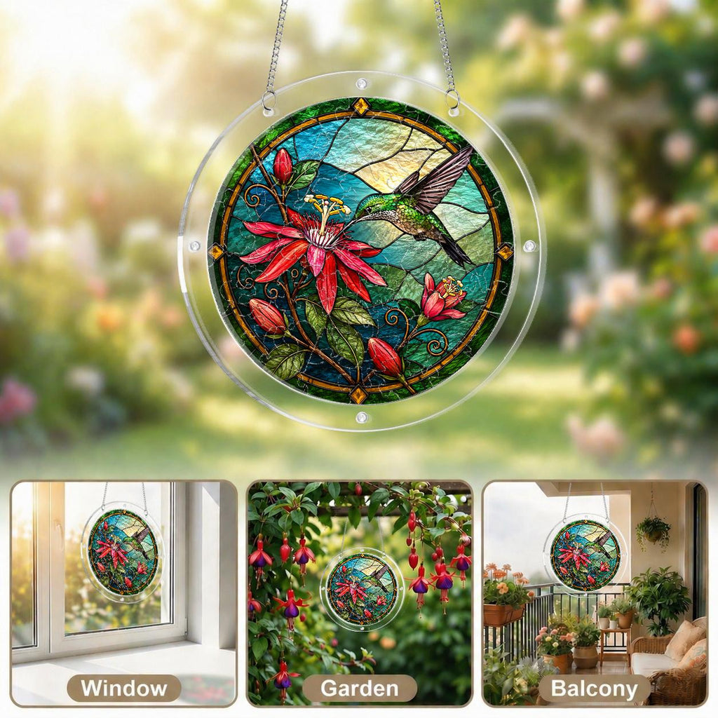 Hummingbird floral acrylic puzzle suncatcher presented in a kraft gift box with an instruction card