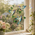 Hummingbird Leaf holographic acrylic suncatcher hanging by a sunny garden window with soft rainbow reflections and floral decor.