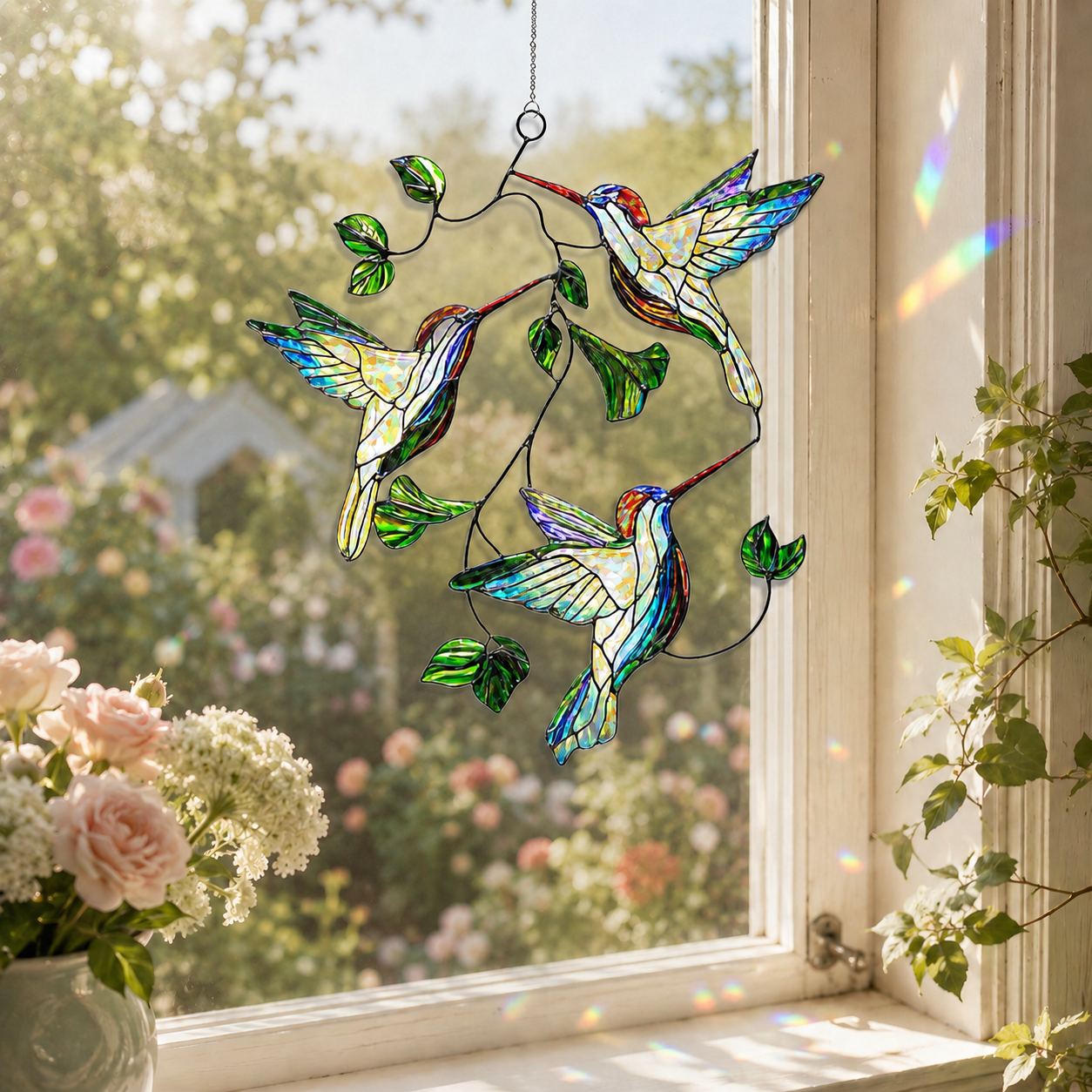 Hummingbird Leaf holographic acrylic suncatcher hanging by a sunny garden window with soft rainbow reflections and floral decor.