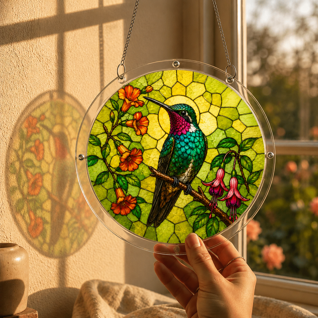 Hummingbird bellflower acrylic puzzle suncatcher held near a warm sunlit window