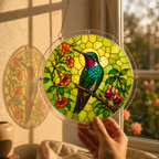 Hummingbird bellflower acrylic puzzle suncatcher held near a warm sunlit window