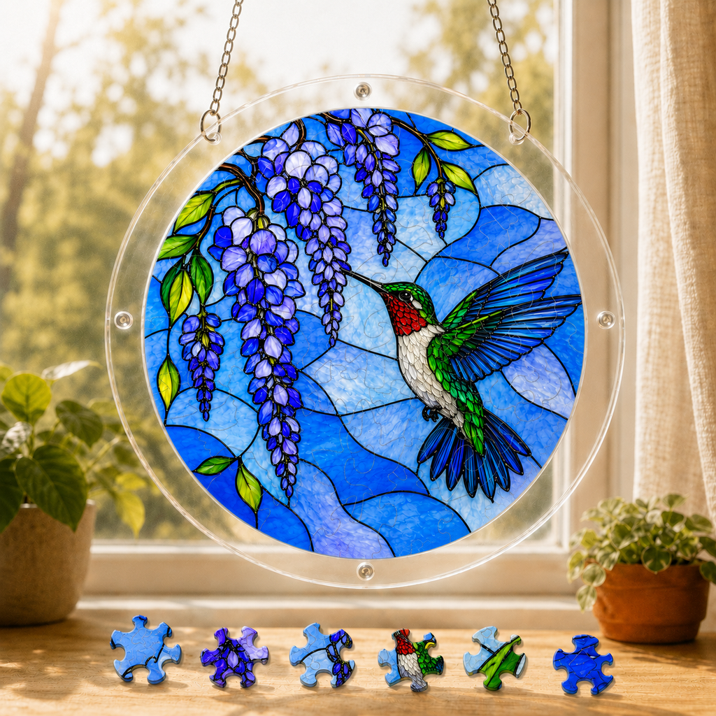 Round hummingbird wisteria acrylic puzzle suncatcher hanging in a sunny window with blue puzzle pieces below