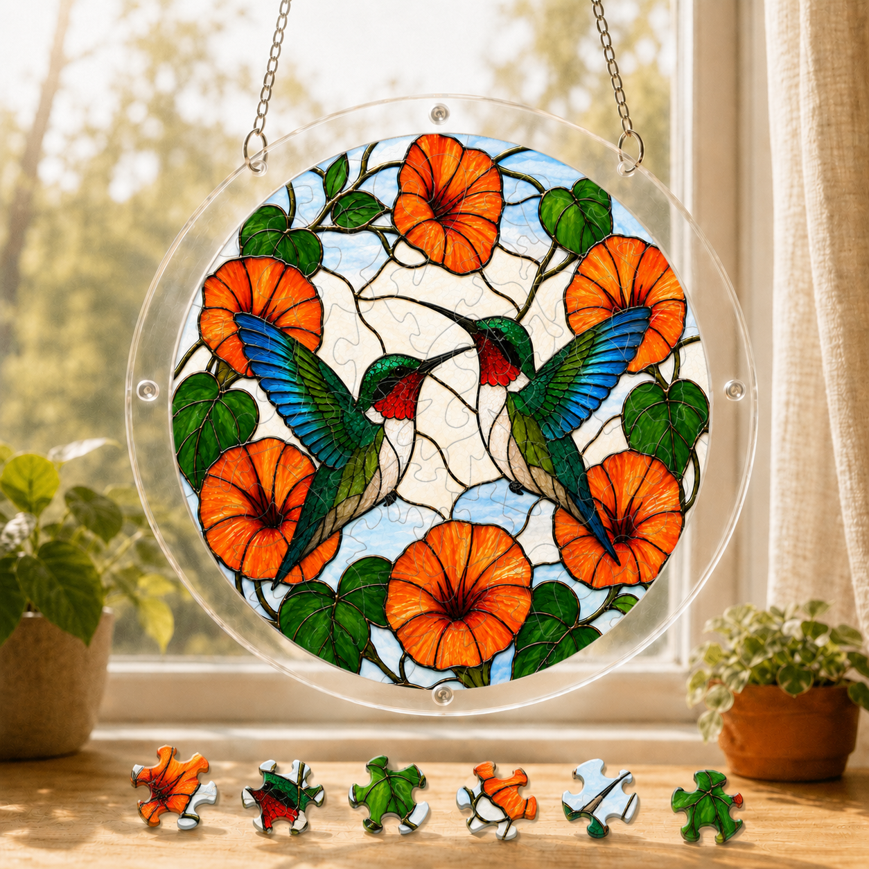 Round crane and orange blossom acrylic puzzle suncatcher hanging in a sunny window with colorful puzzle pieces below