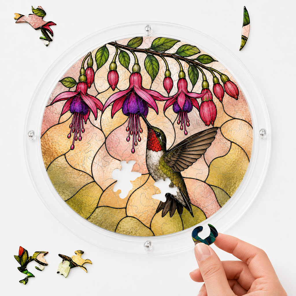 Hand assembling hummingbird fuchsia flower acrylic puzzle suncatcher with small puzzle pieces on white background
