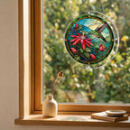 Round hummingbird and crimson flower puzzle suncatcher hanging in a cozy indoor window with soft daylight