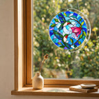 Round hummingbird and pink flower puzzle suncatcher hanging in a cozy indoor window with soft daylight