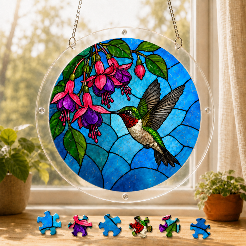 Round hummingbird and pink fuchsia acrylic puzzle suncatcher hanging in a sunny window with colorful puzzle pieces below