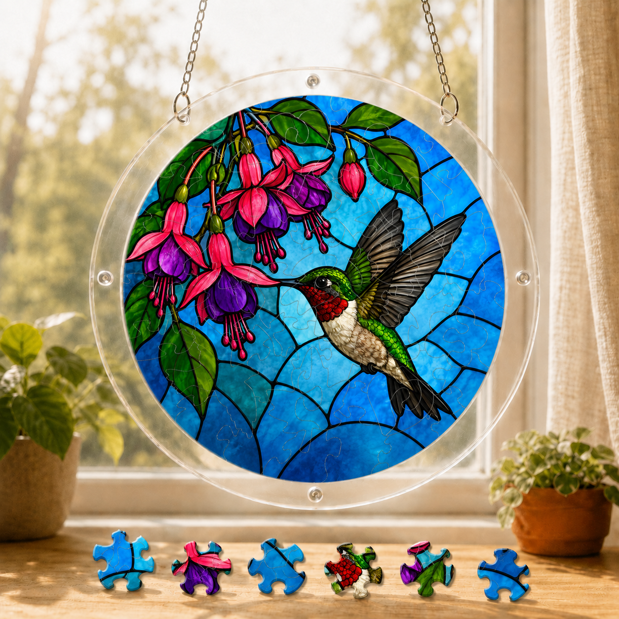 Round hummingbird and pink fuchsia acrylic puzzle suncatcher hanging in a sunny window with colorful puzzle pieces below