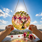 Hummingbird and pink fuchsia puzzle suncatcher held outdoors against a bright blue sky and garden background