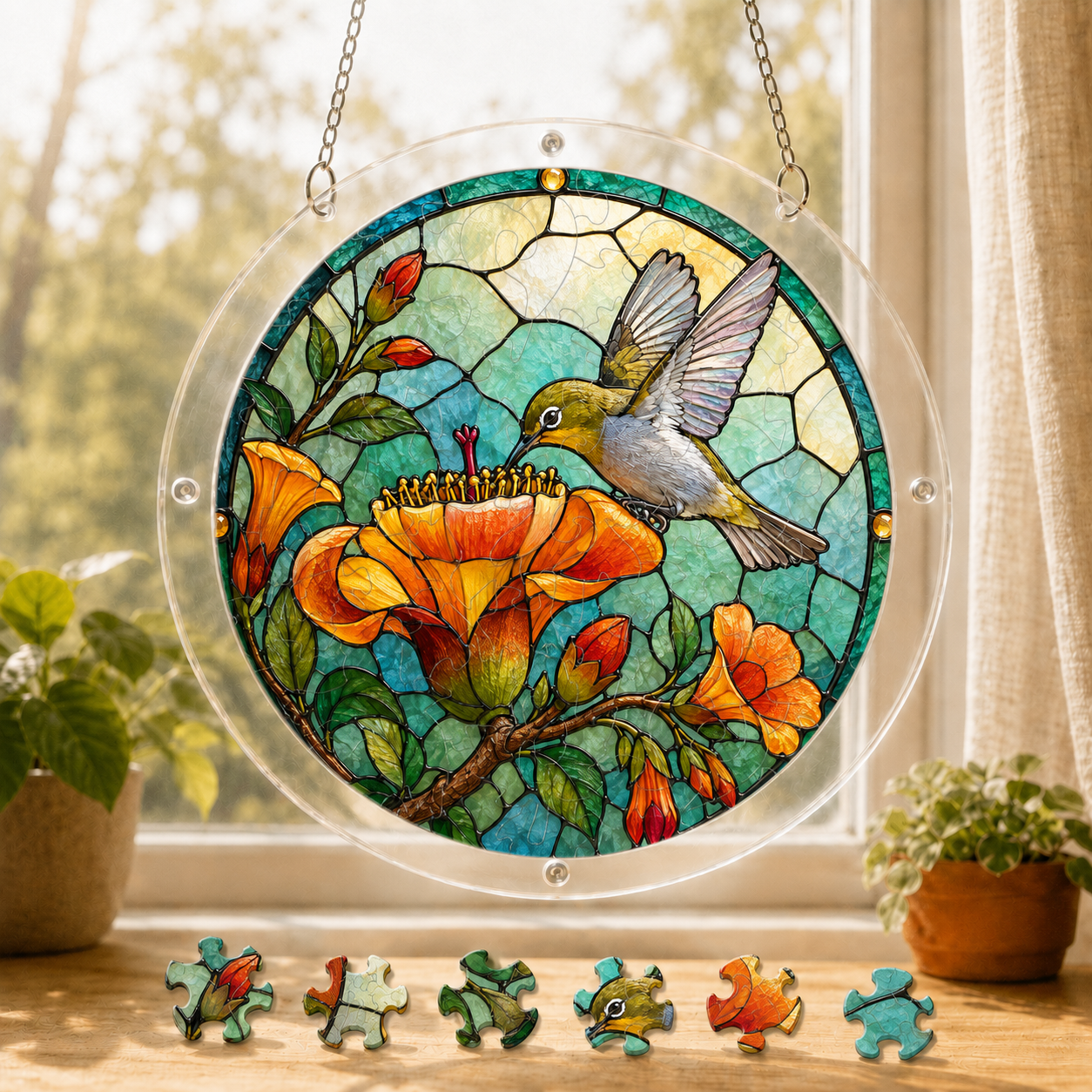 Round hummingbird and orange poppy acrylic puzzle suncatcher hanging in a sunny window with colorful puzzle pieces below