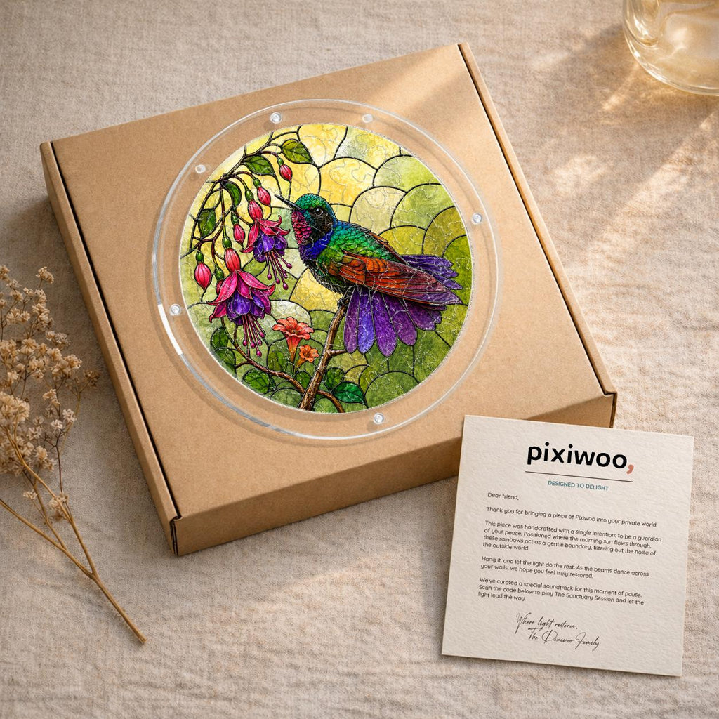 Hummingbird fuchsia acrylic puzzle suncatcher packed in a kraft gift box with instruction card and puzzle pieces